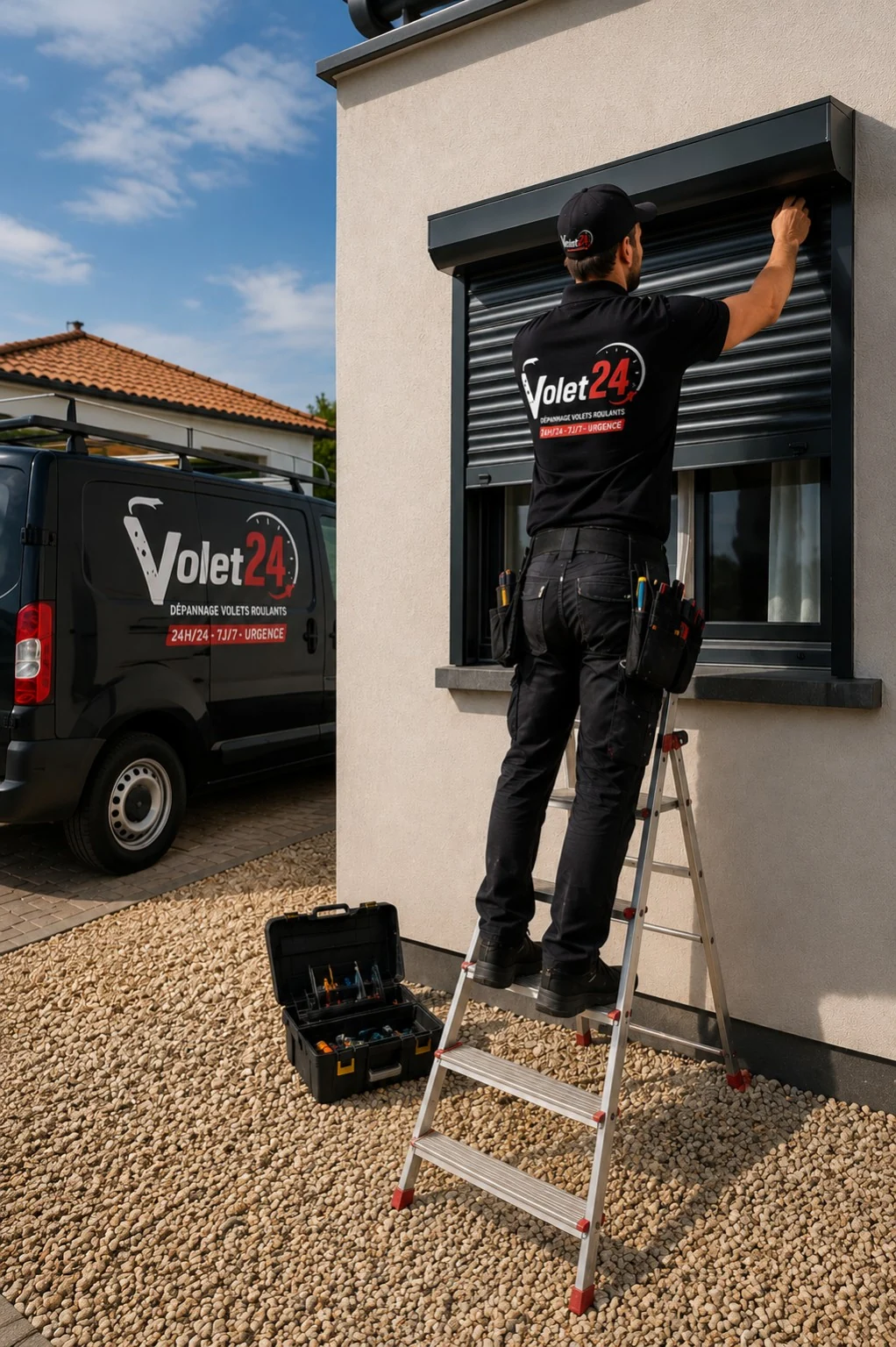 Technicien VOLET24 sur escabeau